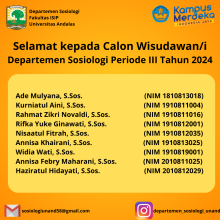 Selamat kepada Wisudawan/i Departemen Sosiologi FISIP UNAND Periode III Tahun 2024